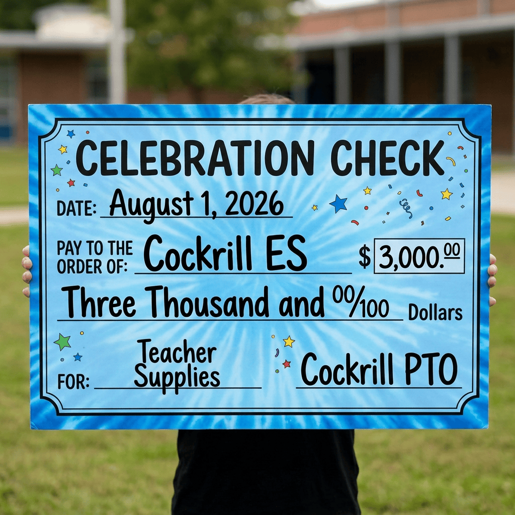 Celebration Check dated October 15, 2026, payable to Cockrill ES for $3,000.00, three thousand and 00/100 dollars, for school enrichment programs from Cockrill PTO.